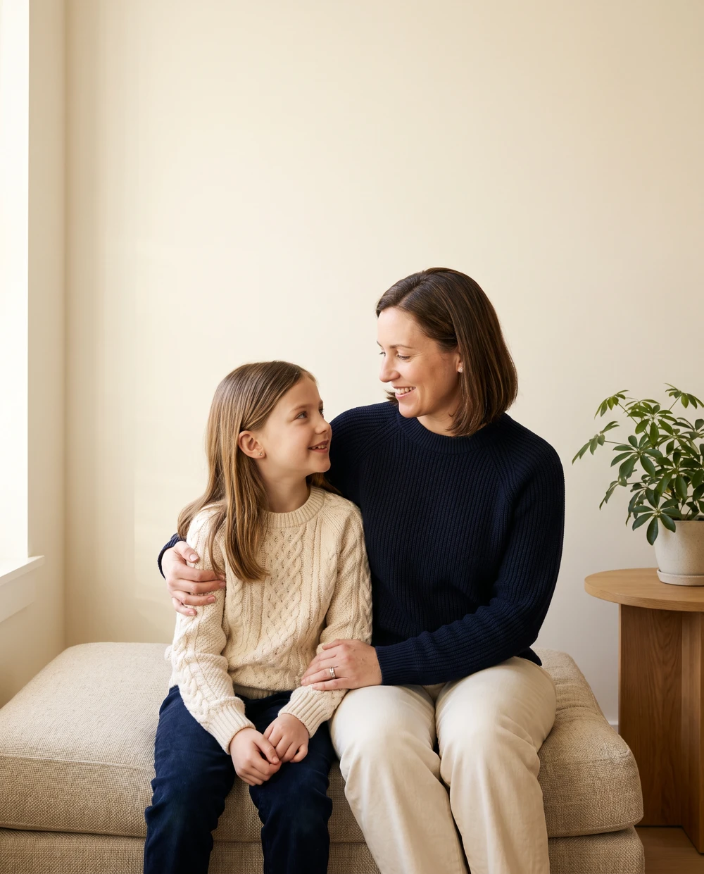 Illustrative mother and daughter sharing a warm moment