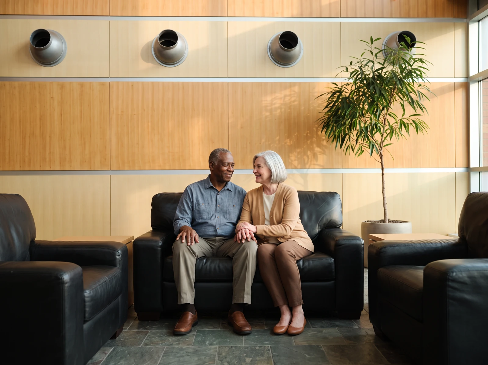 Illustrative couple sharing a quiet moment in the Wellpointe waiting room